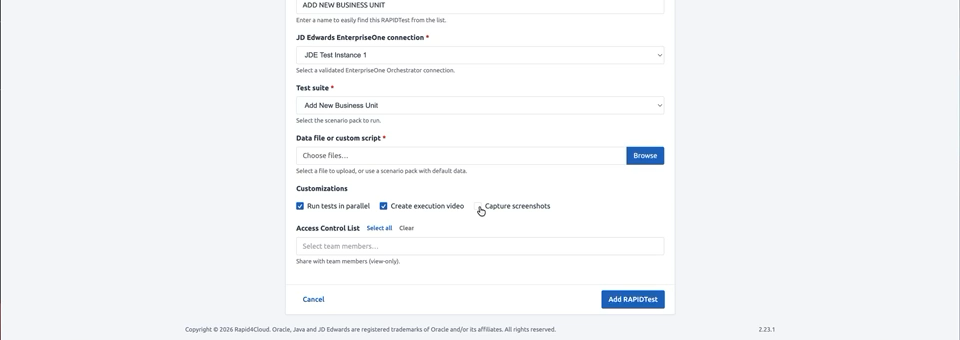 Illustrative RAPIDTest for JD Edwards configuration screen