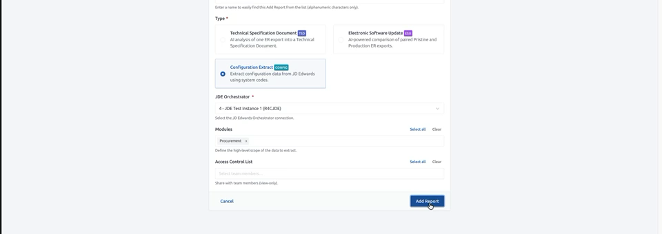 Illustrative Configuration Extract screen for JD Edwards